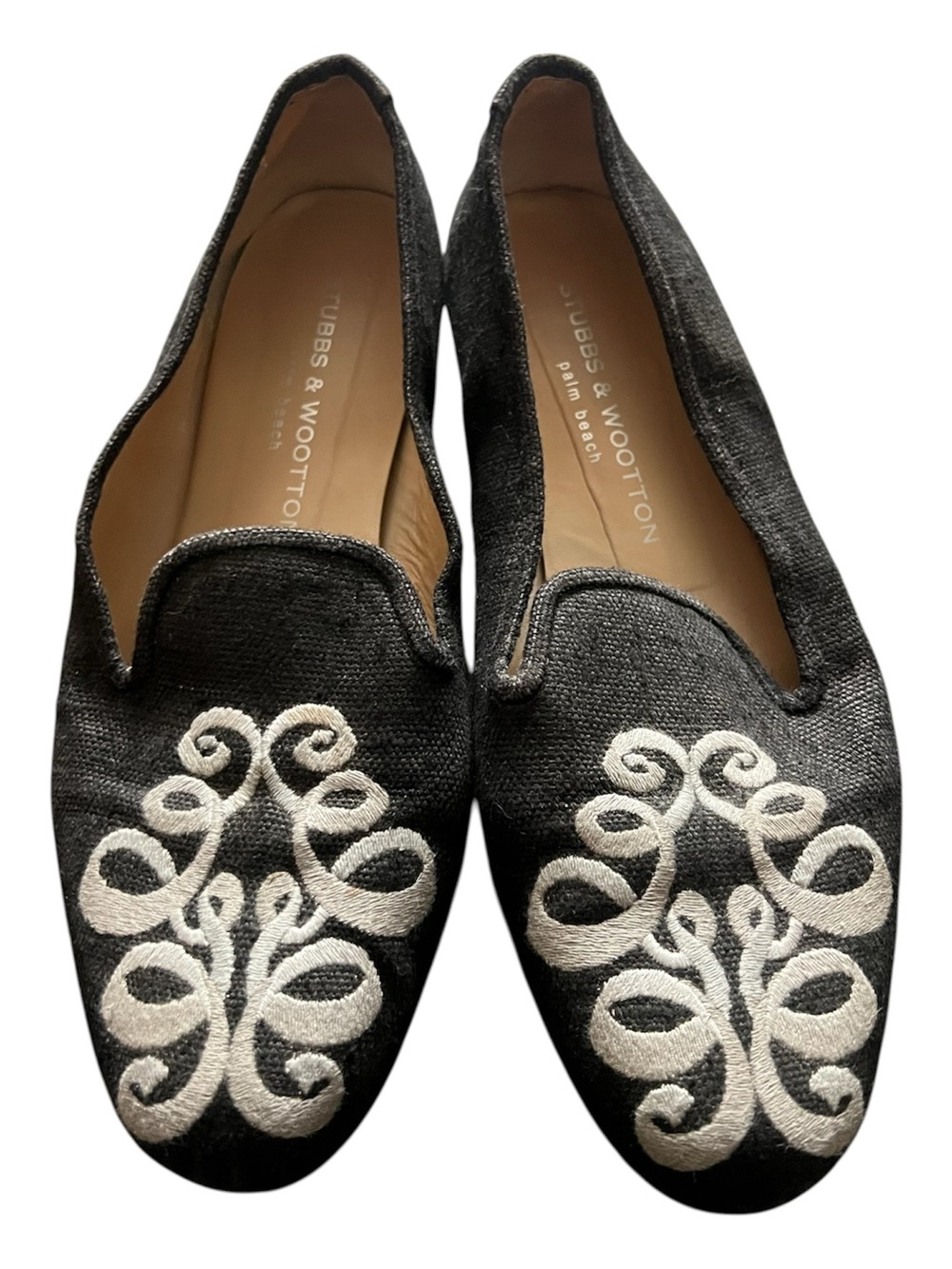 Stubbs & Wootton Black Embroidered Smoking Slippers, size 9